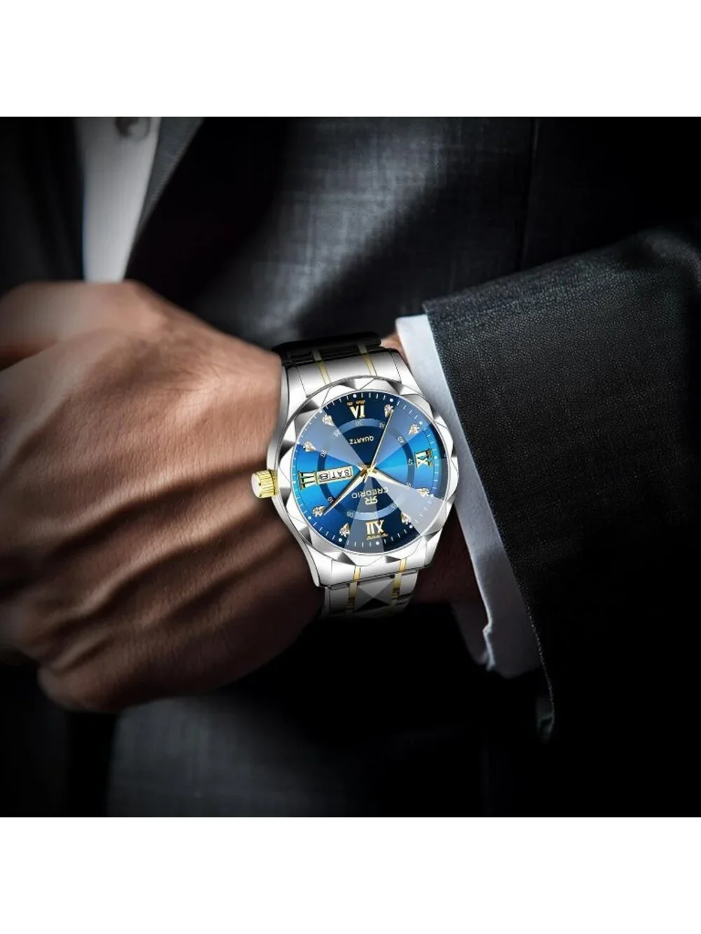 Mens Silver Blue Stainless Steel Waterproof Diamond Analog Luminous Wrist Watch